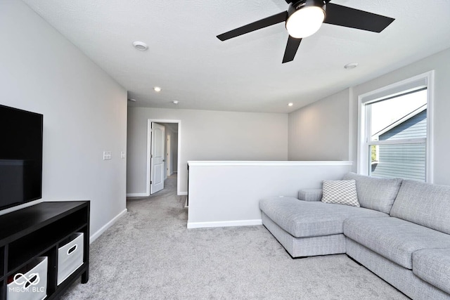 living room with baseboards, carpet flooring, recessed lighting, and ceiling fan