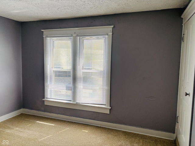 carpeted empty room with a textured ceiling, baseboards, and a wealth of natural light