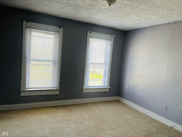 spare room with a textured ceiling, baseboards, and carpet