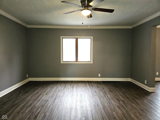 unfurnished room with a textured ceiling, baseboards, a ceiling fan, and dark wood-style floors