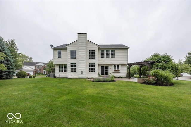 11648 Stickney Ct, Fishers, IN 46037 - back of property featuring a pergola, a yard, a chimney, and central AC unit