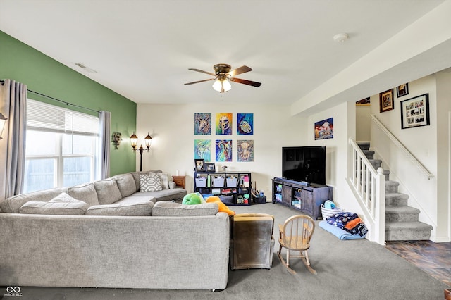 950 Redwood Dr, Franklin, IN 46131 - living room featuring ceiling fan and stairs