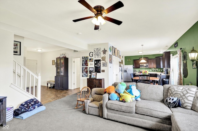 950 Redwood Dr, Franklin, IN 46131 - living room featuring stairs and a ceiling fan