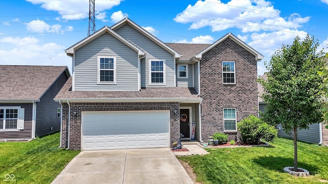 950 Redwood Dr, Franklin, IN 46131 - traditional-style house with brick siding, driveway, a front lawn, an attached garage, and roof with shingles