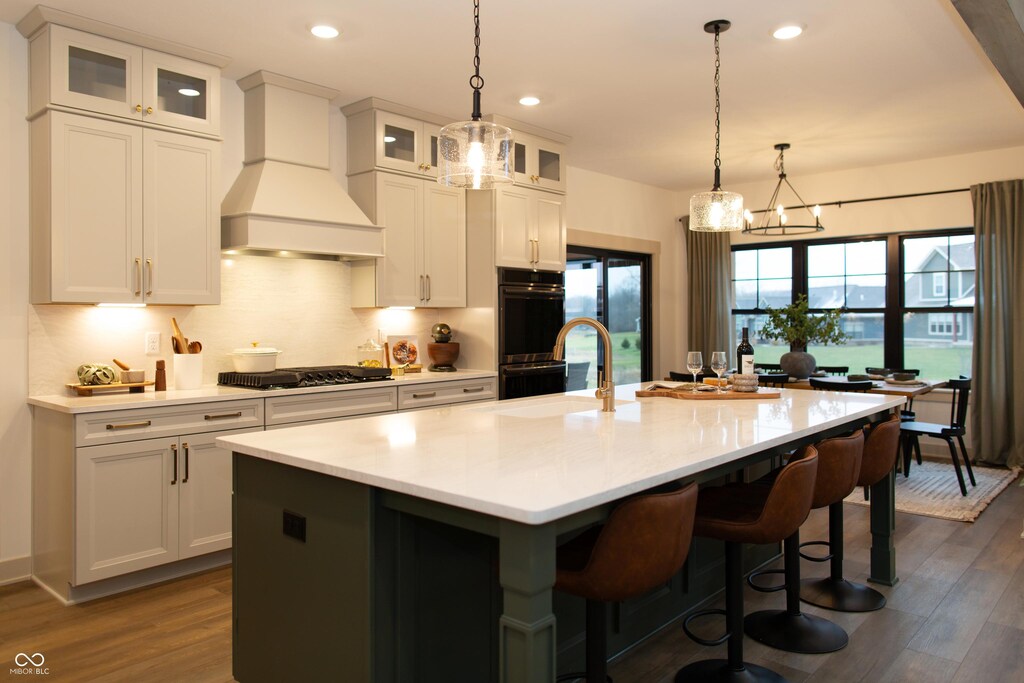 kitchen featuring an island with sink, dark wood-type flooring, gas stovetop, custom range hood, and a sink