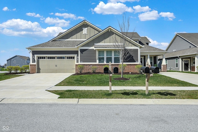 craftsman house featuring a front lawn, driveway, brick siding, a garage, and board and batten siding