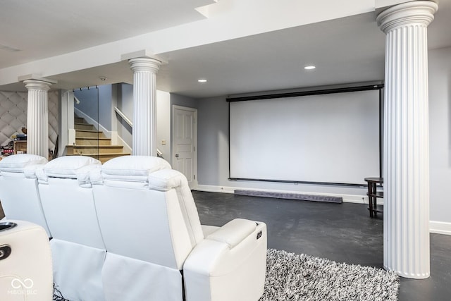 290 Breakwater Dr, Fishers, IN 46037 - cinema room with decorative columns, baseboards, concrete flooring, and recessed lighting