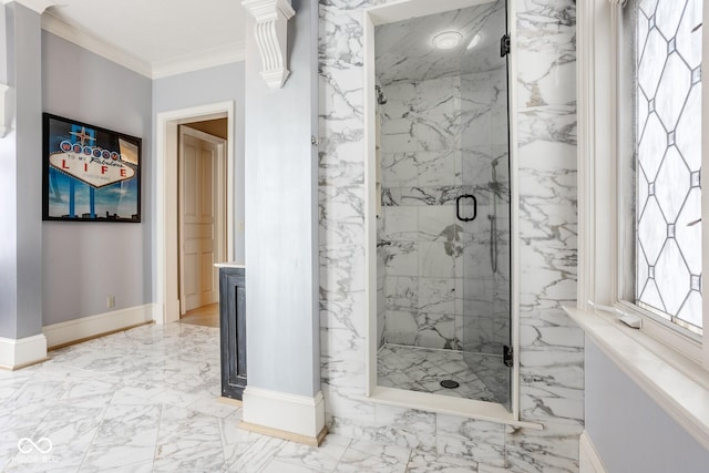 290 Breakwater Dr, Fishers, IN 46037 - full bath featuring marble tiled floors, a marble finish shower, crown molding, and baseboards