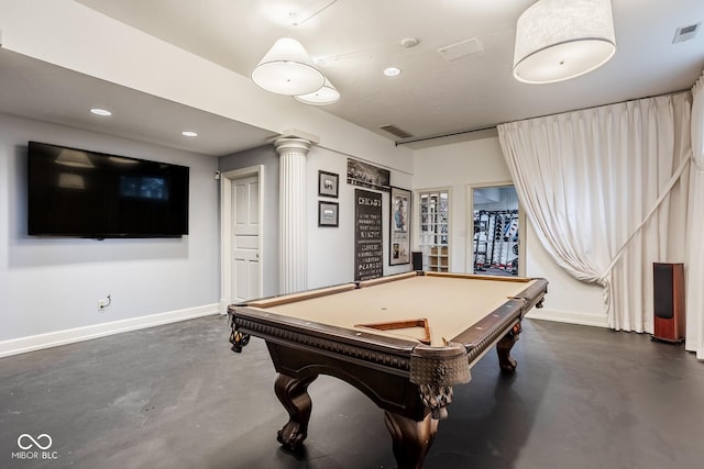 290 Breakwater Dr, Fishers, IN 46037 - recreation room with finished concrete flooring, baseboards, recessed lighting, decorative columns, and billiards table