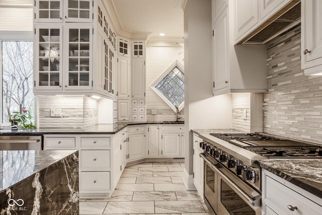 290 Breakwater Dr, Fishers, IN 46037 - kitchen with appliances with stainless steel finishes, light marble finish flooring, dark stone countertops, decorative backsplash, and healthy amount of natural light