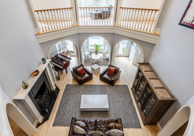 290 Breakwater Dr, Fishers, IN 46037 - living area featuring wood finished floors, a high ceiling, a fireplace, and arched walkways