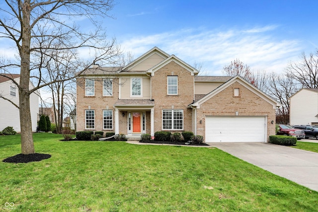 view of front facade featuring a front yard, brick siding, driveway, and an attached garage