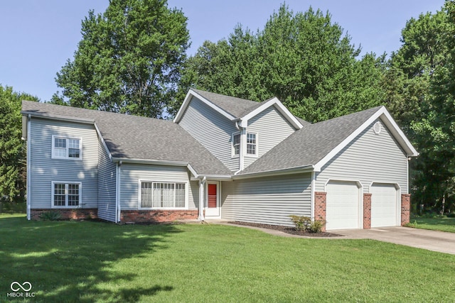 8160 Bold Forbes Ct, Indianapolis, IN 46217 - view of front of property featuring an attached garage, brick siding, a front lawn, a shingled roof, and concrete driveway