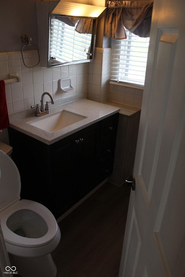bathroom with wood finished floors, vanity, backsplash, and toilet
