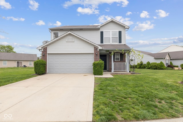 traditional home with a porch, brick siding, driveway, and a front yard