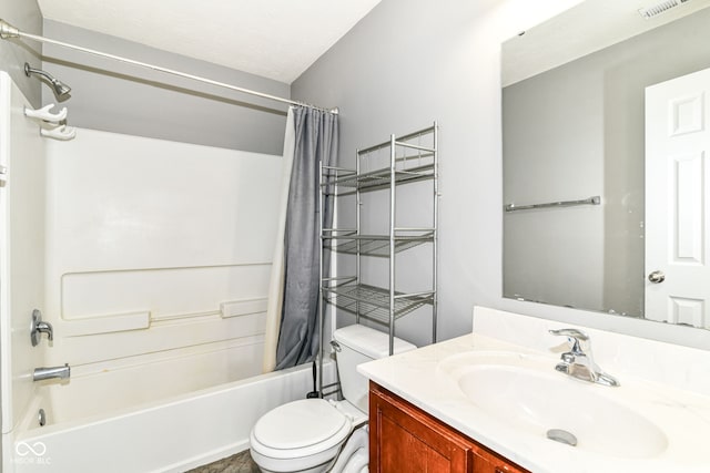 6479 Enclave Blvd, Greenwood, IN 46143 - bathroom with shower / bathtub combination with curtain, toilet, and vanity