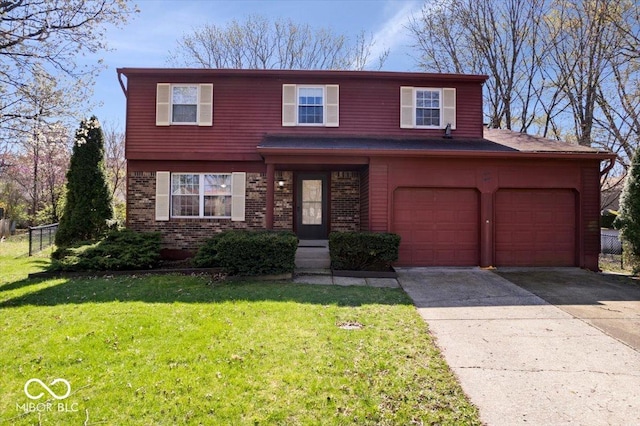 315 Heritage Ct, Fishers, IN 46038 - traditional-style house with fence, brick siding, a front yard, and concrete driveway