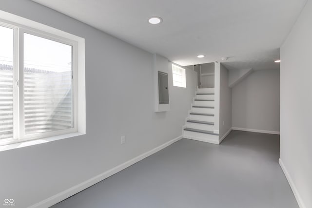 1125 N Colorado Ave, Indianapolis, IN 46201 - below grade area featuring electric panel, baseboards, recessed lighting, and stairs