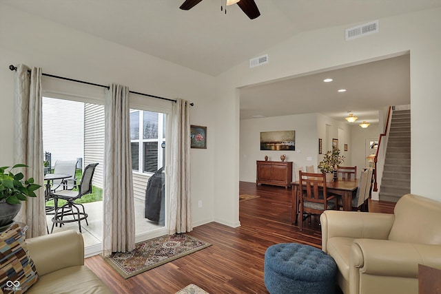 16758 Bingham Dr, Westfield, IN 46074 - living area with wood finished floors, ceiling fan, vaulted ceiling, and visible vents