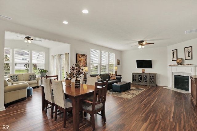 16758 Bingham Dr, Westfield, IN 46074 - dining area with dark wood finished floors, a ceiling fan, visible vents, and recessed lighting
