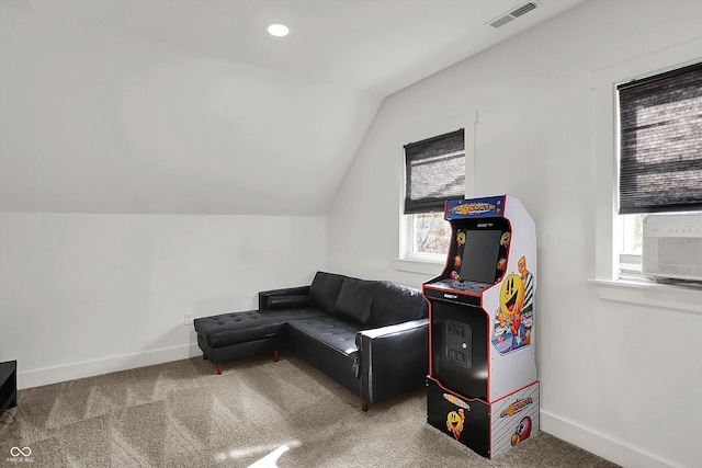 1818 Orleans St, Indianapolis, IN 46203 - game room with visible vents, carpet flooring, plenty of natural light, and lofted ceiling
