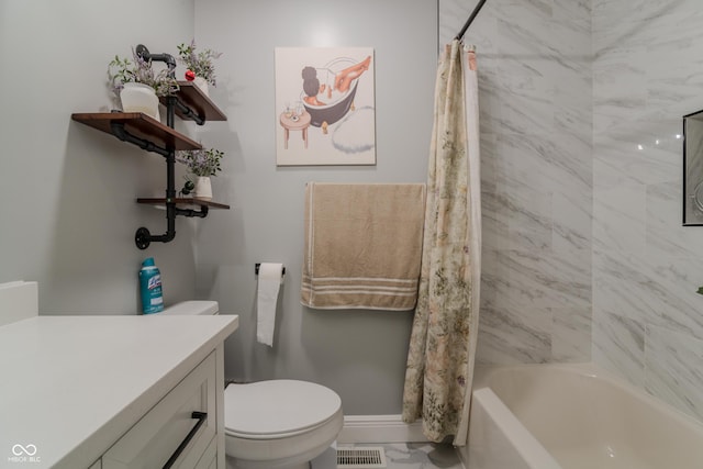 full bath featuring marble finish floor, visible vents, toilet, baseboards, and shower / bath combo