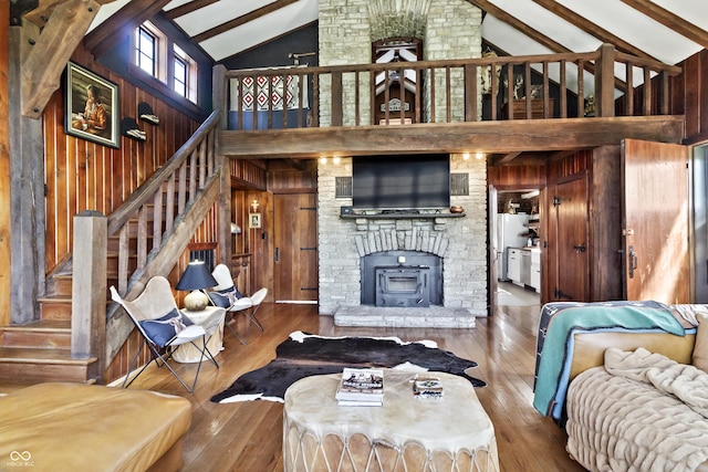 2790 W 50th St, Marion, IN 46953 - living area with stairs, high vaulted ceiling, beam ceiling, and hardwood / wood-style floors