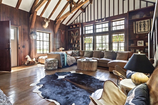 2790 W 50th St, Marion, IN 46953 - living area with wood-type flooring, high vaulted ceiling, wood walls, and beam ceiling