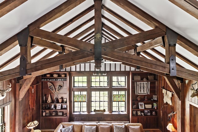 2790 W 50th St, Marion, IN 46953 - living room featuring lofted ceiling with beams and wood walls