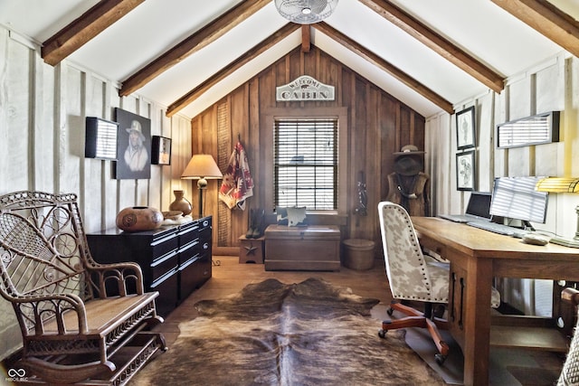 2790 W 50th St, Marion, IN 46953 - office featuring wooden walls, lofted ceiling with beams, and wood finished floors