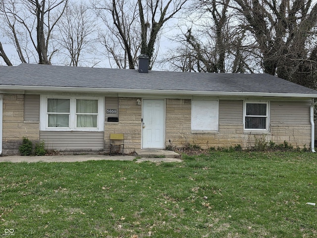 5858 E 44th St, Indianapolis, IN 46226 - ranch-style home with a shingled roof, a chimney, a front lawn, and stone siding