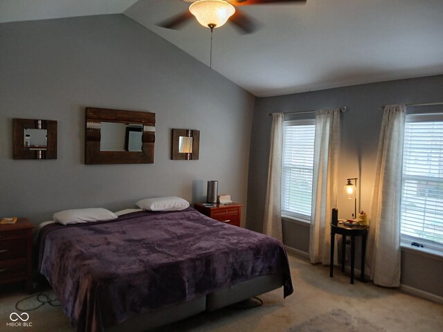 5983 Clearview Dr, Carmel, IN 46033 - bedroom featuring baseboards, ceiling fan, light colored carpet, and lofted ceiling