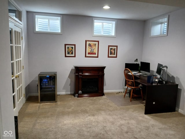 5983 Clearview Dr, Carmel, IN 46033 - carpeted home office featuring recessed lighting, a fireplace, baseboards, and beverage cooler