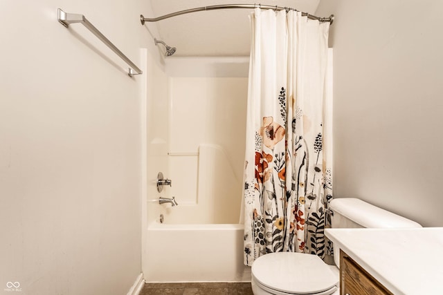bathroom with toilet, vanity, and shower / bathtub combination with curtain