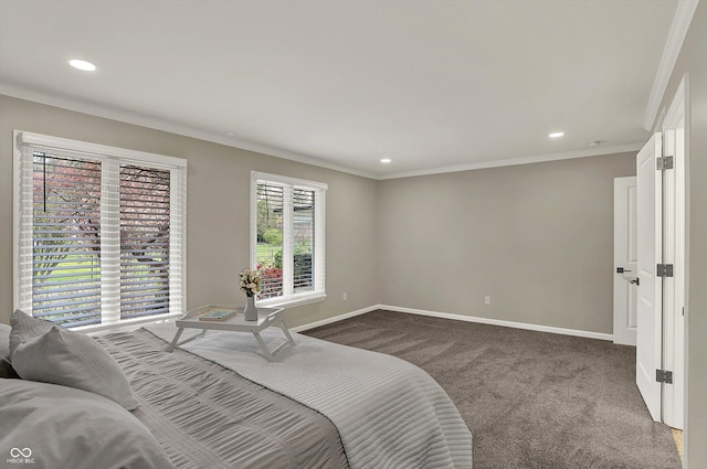 carpeted bedroom with baseboards, recessed lighting, and ornamental molding