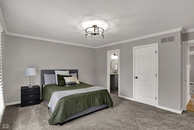 bedroom featuring baseboards, visible vents, carpet, and ornamental molding