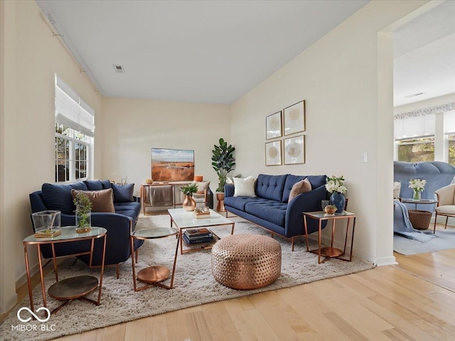 living area featuring baseboards, plenty of natural light, and wood finished floors
