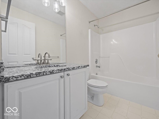 bathroom featuring shower / bath combination, vanity, toilet, and tile patterned floors