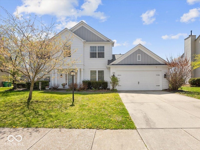 view of front of home featuring an attached garage, board and batten siding, driveway, and a front lawn