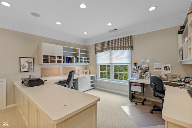 office featuring baseboards, ornamental molding, and light colored carpet