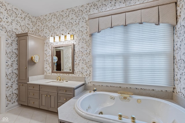 bathroom featuring a jetted tub, tile patterned floors, and wallpapered walls