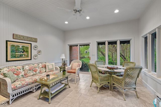 living area with recessed lighting and ceiling fan