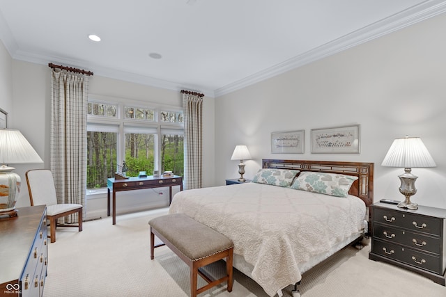 carpeted bedroom with ornamental molding, multiple windows, and recessed lighting