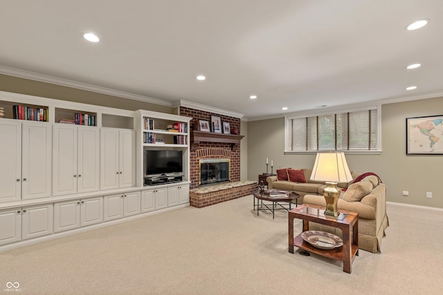 living room with ornamental molding, a fireplace, recessed lighting, and light colored carpet
