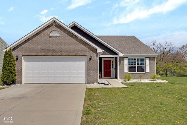 4323 Stubbington Ln, Indianapolis, IN 46239 - ranch-style house with brick siding, driveway, a garage, and roof with shingles