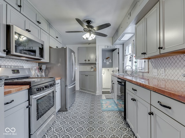 57 Worman St, Indianapolis, IN 46227 - kitchen featuring backsplash, a sink, wood counters, appliances with stainless steel finishes, and ceiling fan