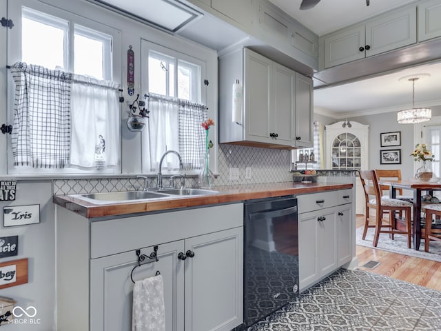 57 Worman St, Indianapolis, IN 46227 - kitchen featuring a sink, tasteful backsplash, crown molding, dishwasher, and wooden counters