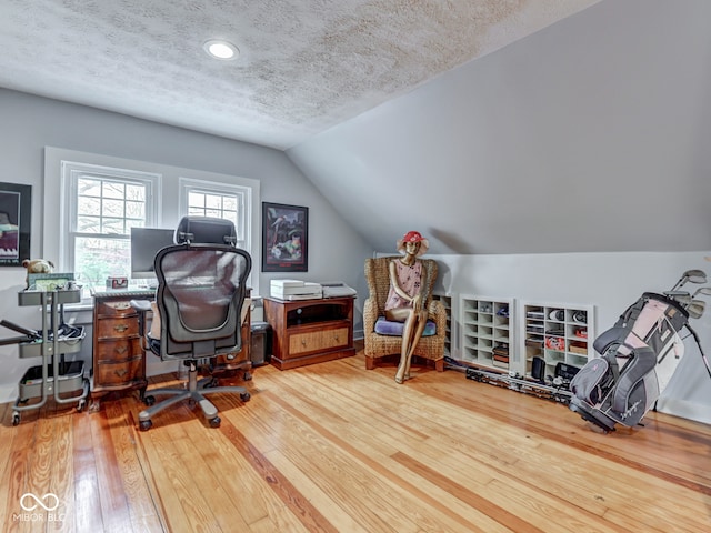 57 Worman St, Indianapolis, IN 46227 - office space featuring vaulted ceiling, hardwood / wood-style floors, and a textured ceiling
