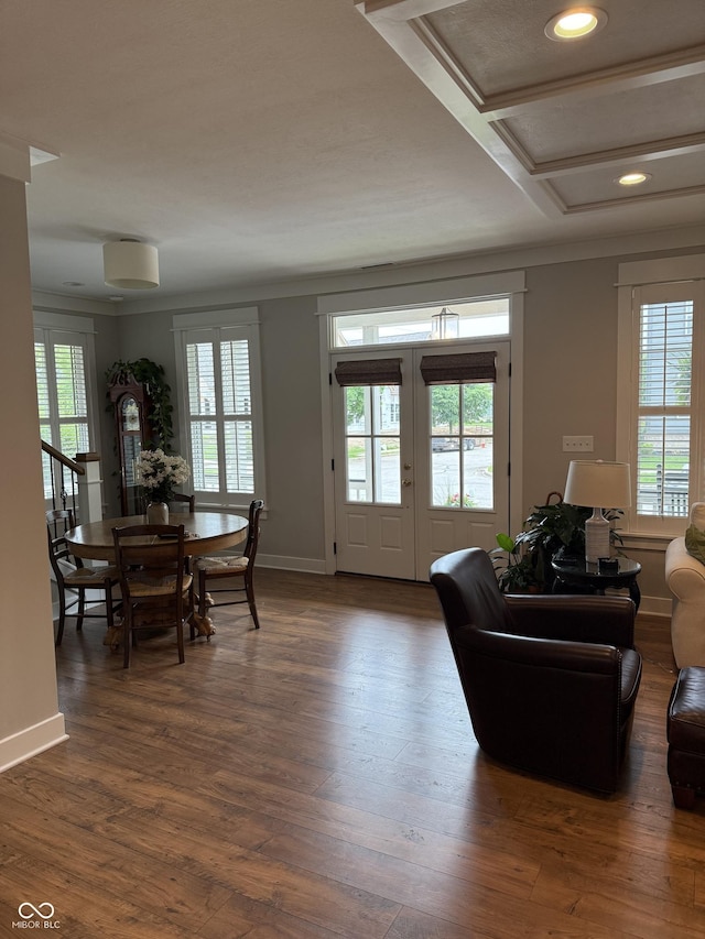 7638 Beekman Ter, Zionsville, IN 46077 - living room featuring baseboards, dark wood-type flooring, recessed lighting, and ornamental molding