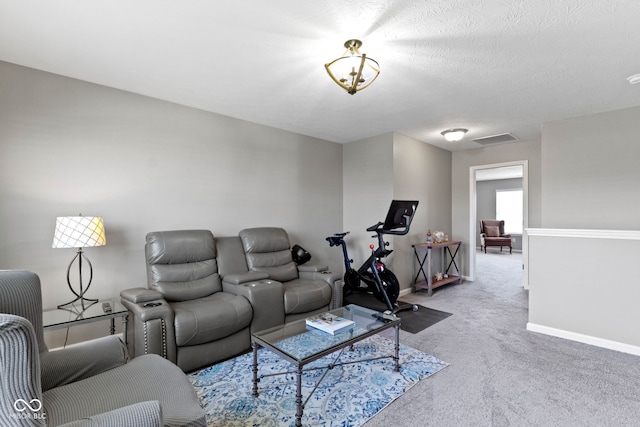 living area featuring carpet flooring, baseboards, and visible vents